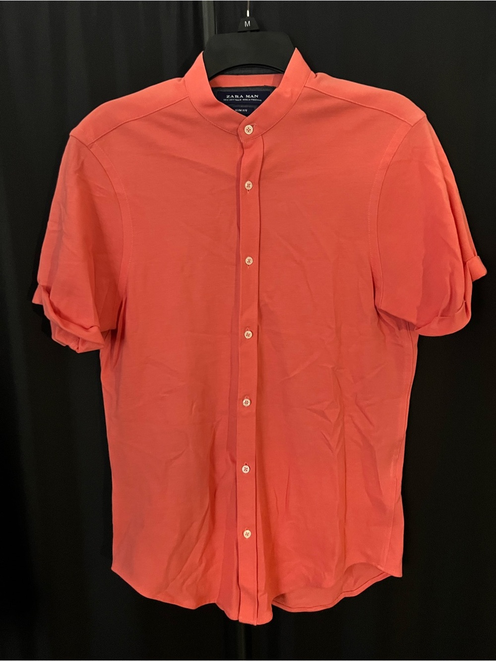 Zara Coral Colored Short Sleeve Mandarin Collar Button-Down Shirt